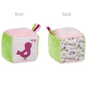 CUBE SENSORIEL EN TISSU ROSE/VERT IMPRESSION OISEAU